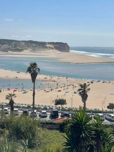 a beach with palm trees and a lot of people at Foz do Arelho dans un cadre paradisiaque in Foz do Arelho
