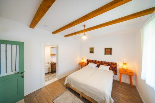 Un dormitorio con una cama y una puerta verde. en CASA LILA, en Colţi
