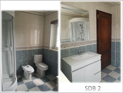 two pictures of a bathroom with a toilet and a sink at Foz do Arelho dans un cadre paradisiaque in Foz do Arelho