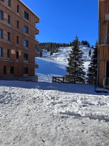 a snow covered slope next to a building with trees at Almappartement Nassfeld- Sonnenalpe in Sonnenalpe Nassfeld