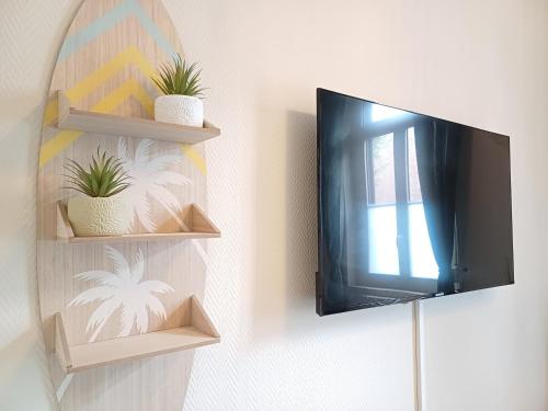 Elle comprend une télévision à écran plat suspendue sur un mur orné de plantes. dans l'établissement Archer, Plein centre, Quartier historique, à Amiens