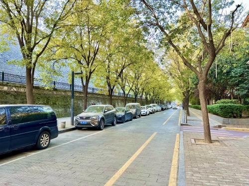 a row of cars parked on a street with trees at East Coast Coffee Inn in Xi'an