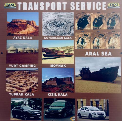 a collage of photos of different types of cars at Old Street Khiva in Khiva