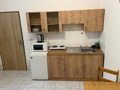 a small kitchen with wooden cabinets and a sink at Byt v Kačení ulici in Olomouc