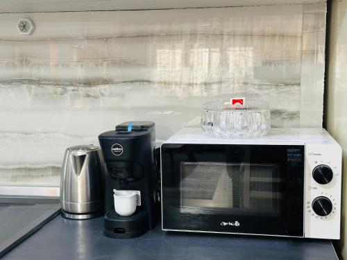 シュコダルにあるGrace's Centre Apartmentのキッチンカウンターの上に置かれた電子レンジ