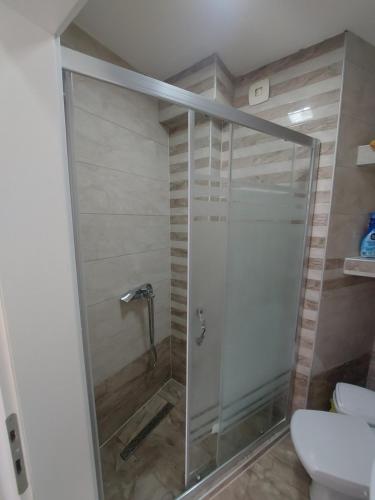 a shower with a glass door in a bathroom at Apartment Flori in Ohrid