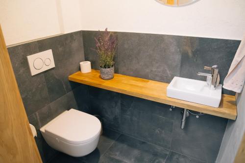 a bathroom with a sink and a toilet at Kiechlhof in Patsch