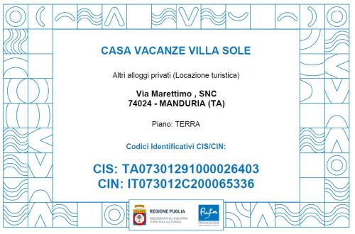 Certifikát, ocenenie alebo iný dokument vystavený v ubytovaní Villa Sole - Villa Vacanze Indipendente & Climatizzata - Salento - Puglia - ITALY