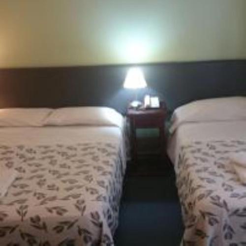 a bedroom with two beds and a night stand with a lamp at Hotel Plaza Roma in Buenos Aires