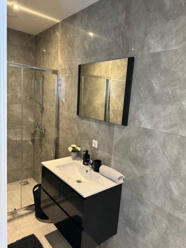 a bathroom with a sink and a shower at Smile home, Zaanse schans and Amsterdam Appartements in Wormerveer