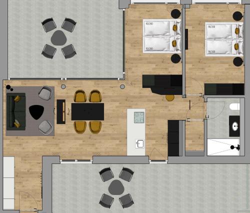 an overhead view of a floor plan of a house at Essential by Dorint Interlaken - New Opening in Interlaken