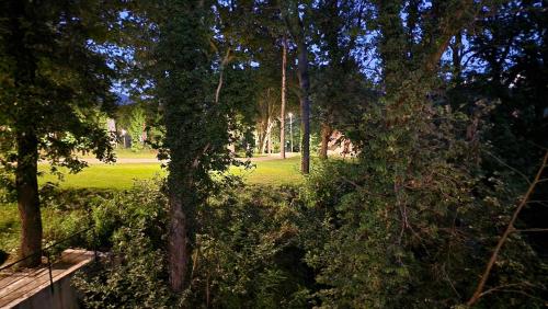 a view of a park with trees and a field at LUXURY APARTMAN ELENI ROOMS oaza mira i tišine u centru Vrnjačke banje in Vrnjačka Banja