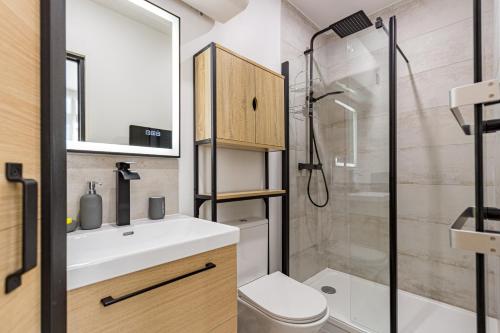 une salle de bain avec un lavabo, des toilettes et une douche dans l'établissement Cirrus Coeur Historique, à Montpellier