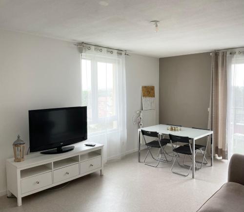 Il comprend un salon doté d'une télévision et d'une table avec des chaises. dans l'établissement Grand T2 spacieux très calme, à Bron