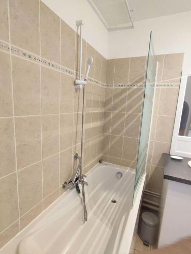 une salle de bain avec baignoire et douche dans l'établissement Résidence Prince Des Ecrins - Spacieux appartement 4 couchages secteur calme avec vue spectaculaire MAE-5601, à Vénosc