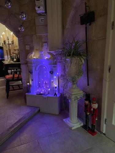 a room with purple lights and a table with a plant at No 7 Casa Nannakola in Naxxar