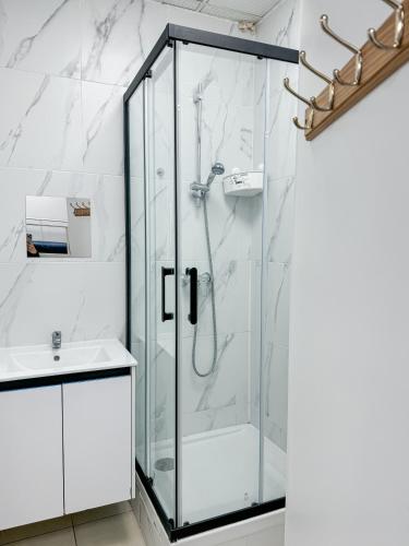 une salle de bain avec douche et lavabo dans l'établissement Korean Style Minbak C'est la Vie PARIS, à Bagnolet