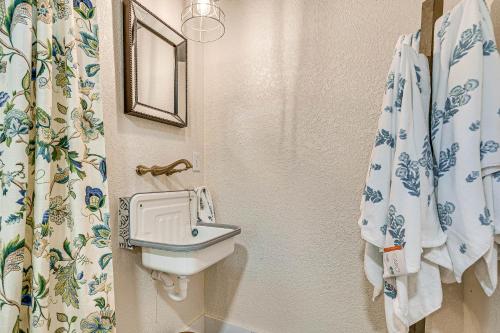 a bathroom with a sink and a shower curtain at Benton Harbor Home 3 Mi to Beach Grill and Yard in Benton Harbor
