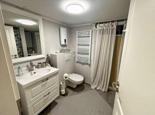 ein weißes Badezimmer mit Waschbecken und Toilette in der Unterkunft Ferienhaus Büdnerstube gratis Schwimmbadnutzung im AHOI Sellin in Middelhagen
