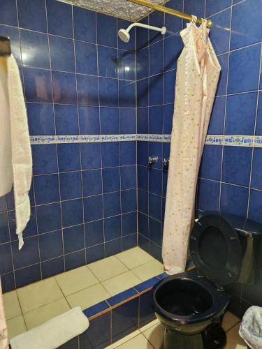 a blue tiled bathroom with a toilet and a shower at Hostal Cerro Azul in Puerto Villamil