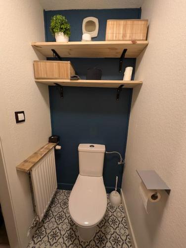 Elle comprend une petite salle de bains pourvue de toilettes. dans l'établissement Belle Maison de famille en Alsace, à Lutterbach