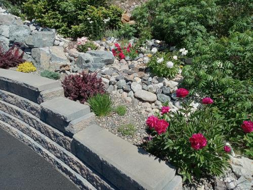 a garden with some flowers and rocks at Okanagan Lake Sunrise BB in Vernon