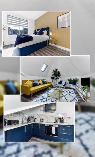 a collage of three pictures of a bedroom at Lovely Two Bedroom with Ensuite Bathrooms in London