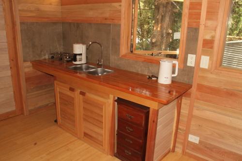 a kitchen with a sink in a tiny house at La Casita del Tren - Tiny House in San Carlos de Bariloche