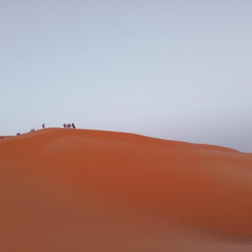a group of people standing on top of a sand dune at Aaladdin luxury camp in Merzouga
