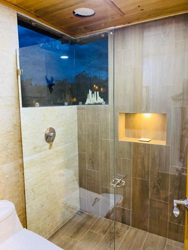 a shower with a glass door in a bathroom at Romántica Cabaña con vista a la ciudad, 10 min del Centro in Chiquinquirá