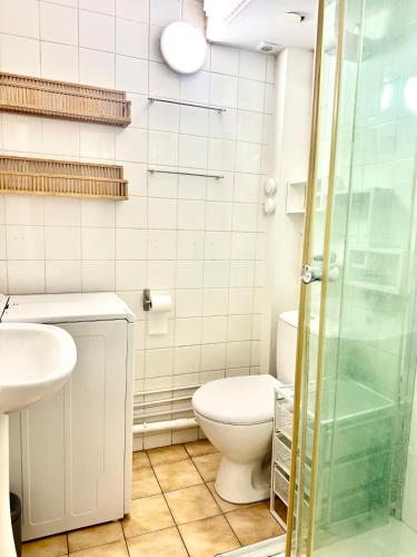 une salle de bain avec toilettes, lavabo et douche dans l'établissement Appartement confort Paris 75009, à Paris
