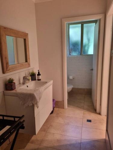 a bathroom with a sink and a toilet and a window at Charlie & Roy's Farm Berry in Berry