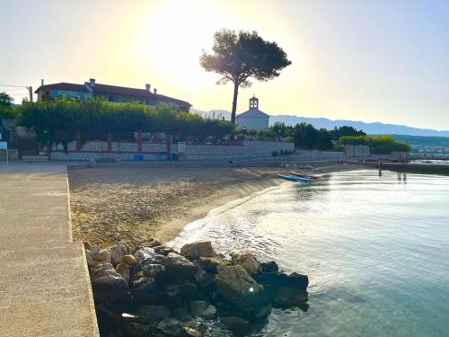 a beach with a tree and some water and a building at Apartments Strahija in Barbat na Rabu