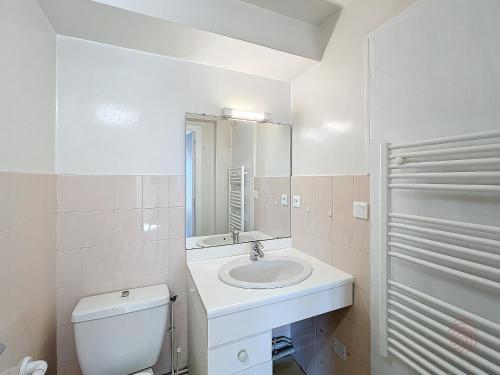 une salle de bain avec un lavabo, des toilettes et un miroir dans l'établissement Studio avec terrasse, proche thermes et centre, animaux acceptés, wifi inclus, Lamalou-les-Bains - FR-1-451-66, à Lamalou-les-Bains