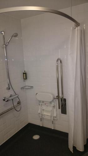 a bathroom with a shower curtain and a toilet at The Bulls Head Hotel in Hale