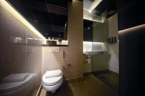 Un baño con inodoro, ducha y lavabo. en CUBE Family Boutique Capsule Hotel at Chinatown, en Singapur