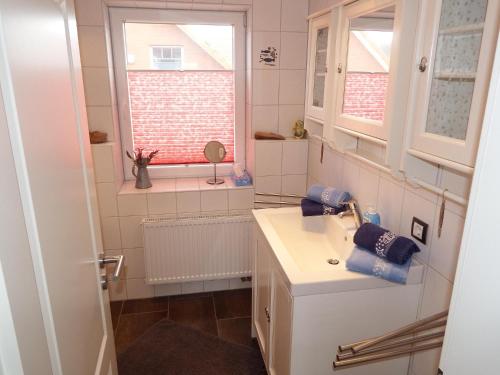 a bathroom with a sink and a window at Kranichnest in Hohwacht