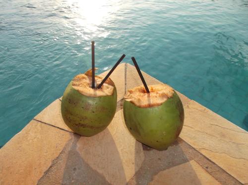 two green apples sitting on the edge of a pool at Vila Lia in São Sebastião