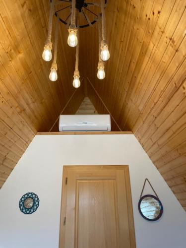 a room with a ceiling with a door and lights at A FRAME 1 TRANSALPINA in Petreşti