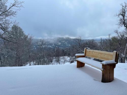 a wooden bench covered in snow in a park at Yosemite Sunrise House with hot tub/views/game room! in Yosemite Forks