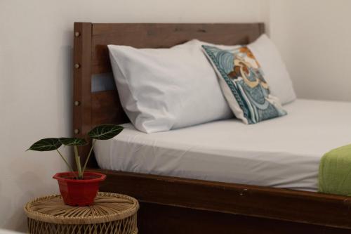 a potted plant on a table next to a bed at Shelves Siargao in General Luna