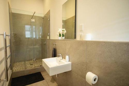 un baño con lavabo y ducha en Studio 7, Hermanus Waterfront, en Hermanus