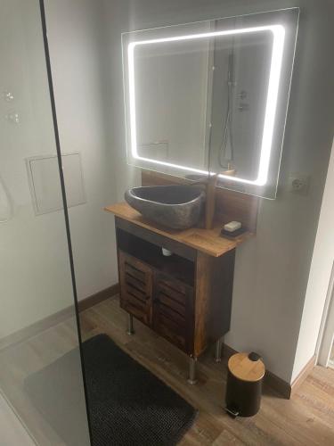 une salle de bain avec un lavabo et un miroir dans l'établissement Chez Anna et JL, à Navès