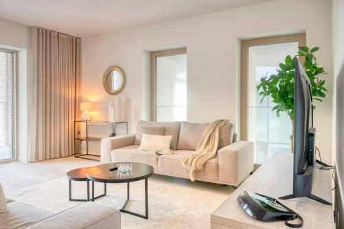 オーステンデにあるSunny Seaview Sanctuary in Ostend w Parkingのソファとテレビのあるリビングルーム