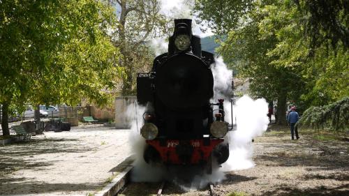 a steam train is coming down the tracks at B&B Sa Lumenaria "da Raimonda" in Sorgono