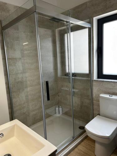 a bathroom with a shower with a toilet and a sink at Villa Kyrenia in Lapithos