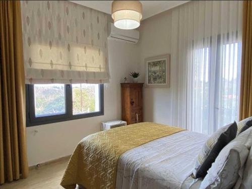 a bedroom with a bed and two windows at Villa Kyrenia in Lapithos