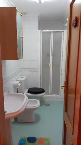 Un baño blanco con inodoro y lavabo. en Cangas Alameda, en Cangas de Onís