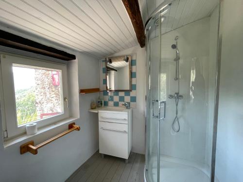 une salle de bain avec douche et lavabo dans l'établissement La Bellevue, à Valleraugue