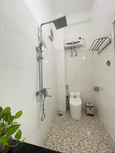 a bathroom with a shower and a toilet at Vi TamCoc Hotel in Ninh Binh